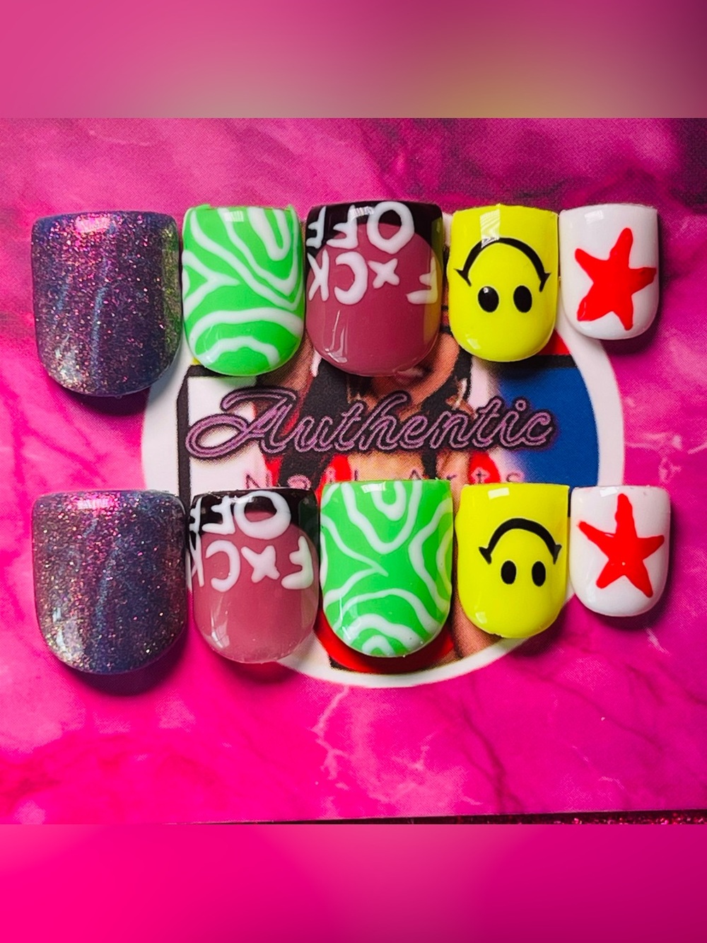 Assorted Neon & Glitter Press-On Nails Set - Authentic